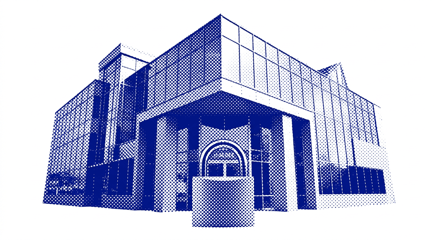 A bank building seen from the street corner, with a padlock standing in front of its entrance, drawn in blue halftone
