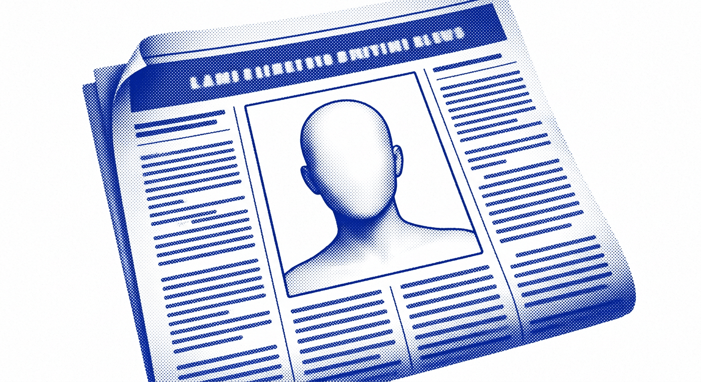 A folded newspaper with a portrait photograph on its front page, drawn in blue halftone